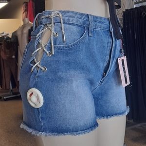 Glittery side tie denim shorts